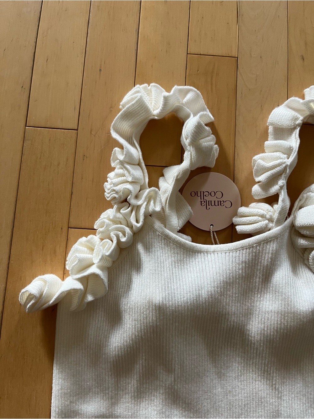 Camila Coelho Cream Ruffle Strap Ribbed Tank - Picture 10 of 11